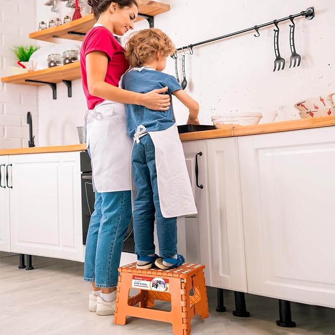 Folding Step Stool 9 Inch for Kids and Adults, 300 lbs, Orange | Lightweight Plastic Small Foldable Step Stool with Handle, Non-Slip, for Kitchen, Bathroom, Bedroom and Closet