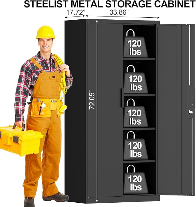 Black Storage Cabinet, Metal Garage Storage Cabinets with Adjustable Shelves, 72.05" H Heavy Duty Tall Cabinet with Locking Doors, Steel Organizer for Basement, School