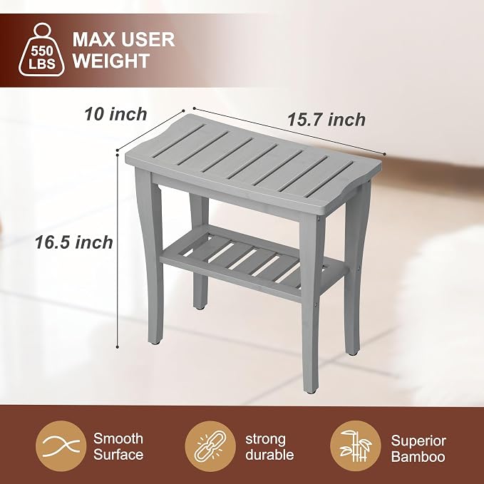 Bamboo Shower Bench Stool with Storage Shelf, Waterproof Shower Chair Spa Bath Seat, Shower Stool for Inside, Bathroom Bench Seat for Adults Elderly Seniors for Indoor or Outdoor Use(Gray)