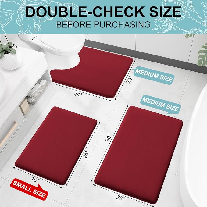 Smiry Memory Foam Bath Mat 24x16, Extra Soft and Absorbent Bathroom Rugs | Red, Quick Dry Machine Washable Non-Slip Bath Mat for Bathroom Floor, Shower and Tub