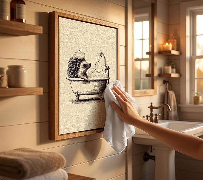 Floating Framed Funny Hedgehog Bathroom Canvas Wall Art, Cute Animal Bathing in Bathtub Painting Picture Wall Decor, Vintage Neutral Sketch Poster Print Artwork, for Bathroom, Home Decoration 12x16in