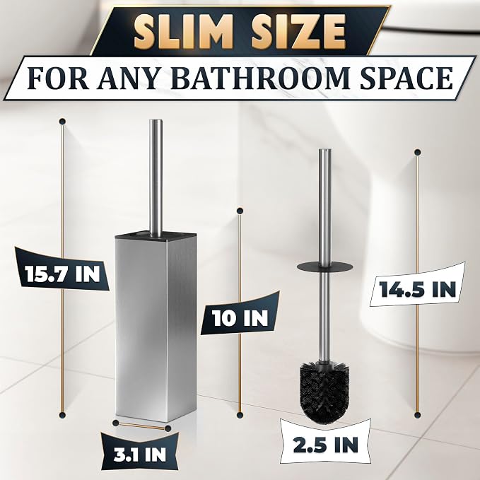 Stainless Steel Toilet Brush and Holder Set, Square Shape (Silver) | Toilet Bowl Brush and Holder, Removable Inner Bowl, Dense Bristles, Long Handle, Scratch Resistant, for Modern Bathrooms