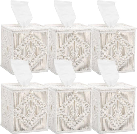 Macrame Tissue Box Cover, 6 Pack Square Boho Decor Tissue Holder, Handmade Woven Cotton Rope Organizer with Open Bottom for Bedroom, Bathroom, Living Room, Office - Ivory