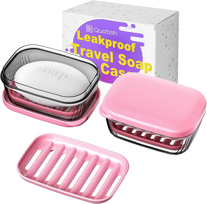 Quatish Bar Soap Holder Dish, Leakproof Travel Soap Case for Shower, Portable Travel Size Toiletries Camping Essentials for Gym, Dorm, Bathroom, Pink