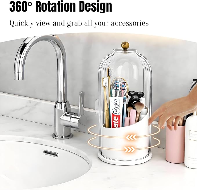 JEESA Dustproof Toothbrush Holder with Cover, Transparent/White | 360° Rotating, 180° Sliding Lid, 3 Slots, Toothbrush Organizer, for Bathroom Countertop