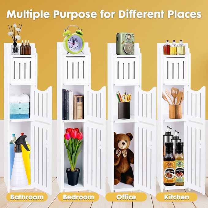 ShellKingdom Toilet Paper Holder Stand, Bathroom Storage Cabinet with Doors | Slim Storage Cabinet for Bathroom Small Spaces Corner Shelf Organizer - White