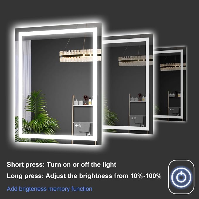 LED Bathroom Mirror 55"x36" Inch Lighted Bathroom Vanity Mirror with Lights, Large, Brighter Frontlit and Backlit Light up Anti Fog Mirror, Tempered Glass, 3-Color Dimmable, Memory Function