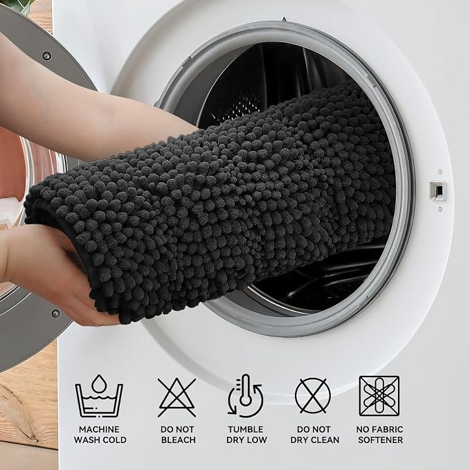 Bcoimo Small Bath Rug Mat,24x17 Chenille Non Slip Black Bathroom Floor Mats | Extra Soft Bathroom Rugs;Non Slip Rubber Back Bath Mats;High Absorbent & Quick Dry Microfiber mat;Machine Washable