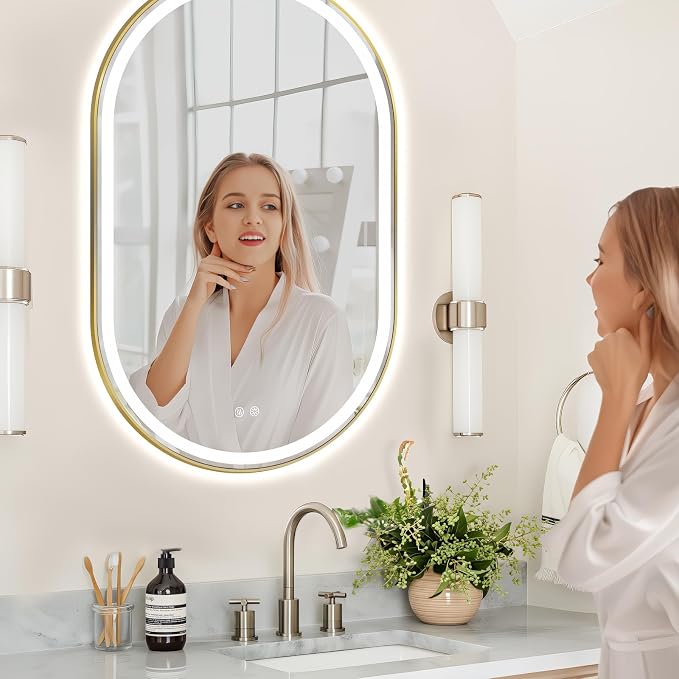 Oval LED Bathroom Mirror, Backlit + Front Lit Mirror Old Gold Frame | 3 Color Dimmable, Anti-Fog, 48"x30", Memory Function, Shatter-Proof, HD Glass, Pill-Shaped Mirror, Vertical or Horizontal