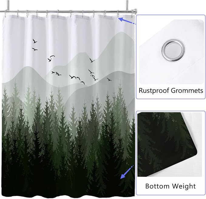 LLSCL Fabric Shower Curtain Liner with Magnets, Green Forest Waterproof Hotel Quality, 72 x 72 Machine Washable
