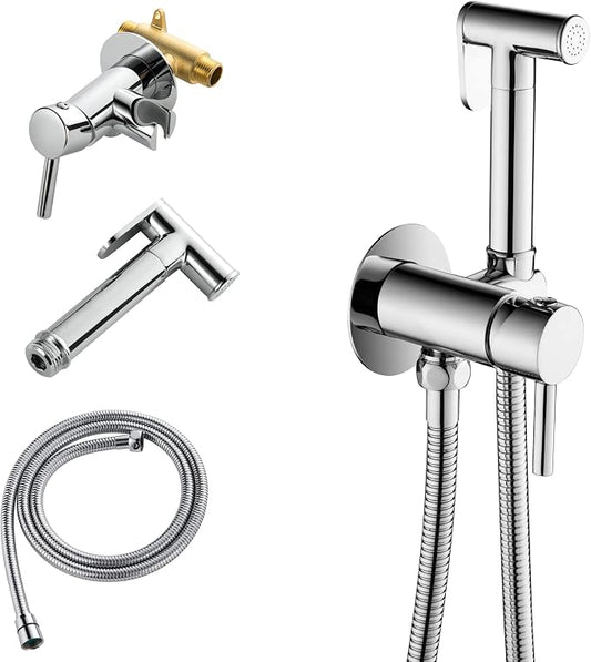 Warm Water Bidet Sprayer for Toilet with Hot and Cold Brass Rough-in Valve, Stainless Steel Round Handheld Bidet Attachment Set for Feminine, Pets and Baby Diaper Wash, Polished Chrome BDS09