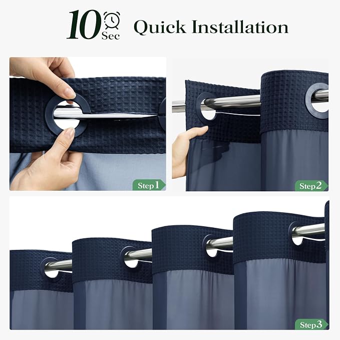 Navy Blue Hook Free Waffle Shower Curtain & Snap-in Liner,72x87 | Less Time to install, 3 in 1 Fabric Shower Curtain and Liner Set with Magnets, Extra Long, Shower Curtains for Bathroom