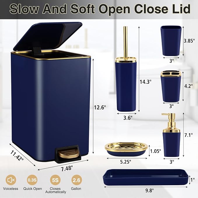 XLHOMO Navy Blue Bathroom Accessories Set 8 Piece Navy Blue and Gold Bathroom Set, Bathroom Sets with Stainless Steel Trash Can,Toilet Brush,Toothbrush Set,Soap Dispenser