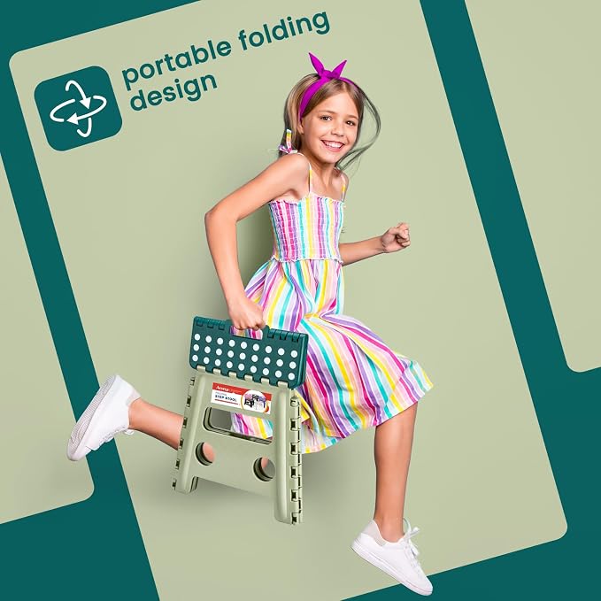 Foldable Step Stool for Adults 13 Inch, 300 lbs, Green | Lightweight Stepping Stool with Handle and Non-Slip Surface, for Reaching Kitchen Cabinets, Bathroom Shelves and Closets