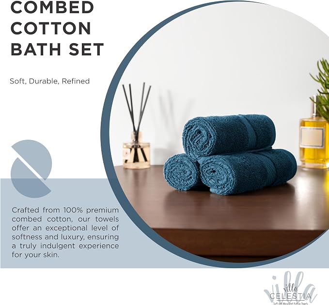 Villa Celestia 12-Piece 100% Cotton Towel Set, 4 Bath Towels, 4 Hand Towels, 4 Wash Cloth, Quick-Dry, Blue
