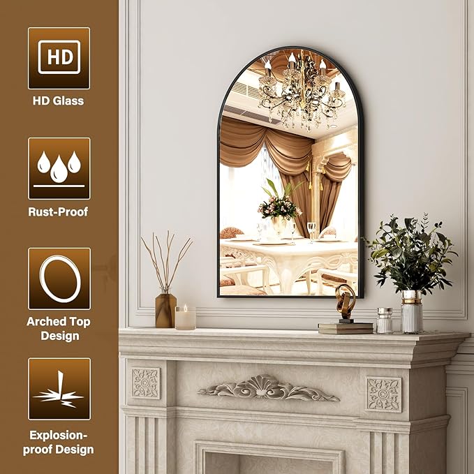 XRAMFY 24"x36" Black Arched Bathroom Mirror - Wall Mirror for Bedroom | Metal Frame Vanity Mirror, Dresser Mirror, Arch Decorative Mirrors for Living Room, Bedroom, Entryway, Mantle