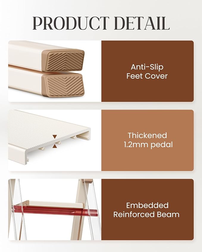 4 Step Ladder, Aluminum Folding Step Stool with Anti-Slip Sturdy and Wide Pedal, Lightweight Portable Stepladder for Home and Kitchen Use Space Saving, 330 lbs, Chocolate White