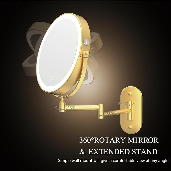 9" Wall Mounted Lighted Makeup Mirror,Oval Base, 10X, Gold | Rechargeable Lighted Makeup Vanity Mirror,Double Sided Dimmable,Magnifying,3 Color Lighting,360 Rotation Shaving,Women Gift