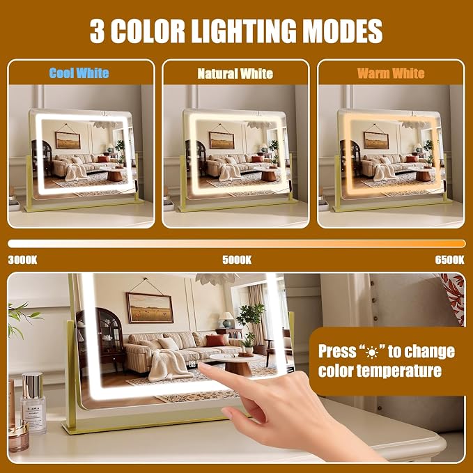Vanity Mirror with Lights 22"×17", Large LED Makeup Mirror with Light, Smart Touch with 3-Color Lighting, Dimmable, 360° Rotation, HD Desk Mirror, Vanity Mirror Tabletop (Gold)