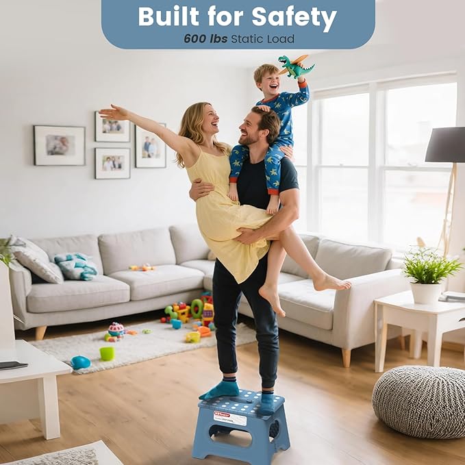 HBTower Folding Step Stool 9 Inch, 600 LBS Capacity with Safety Lock, Blue | Compact Step Stool Foldable for Kids & Adults, Portable Carry Handle, Collapsible Foot Stool, Kitchen, Bathroom & Outdoor