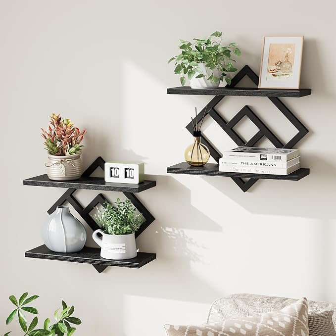 ELYKEN Floating Shelves for Wall, Set of 2 Hanging Shelves, Black | 2-Tier Wall Mounted Storage Shelves for Decor, Books, Perfect for Living Room, Bedroom, Kitchen, Home Office, Bathroom, Study