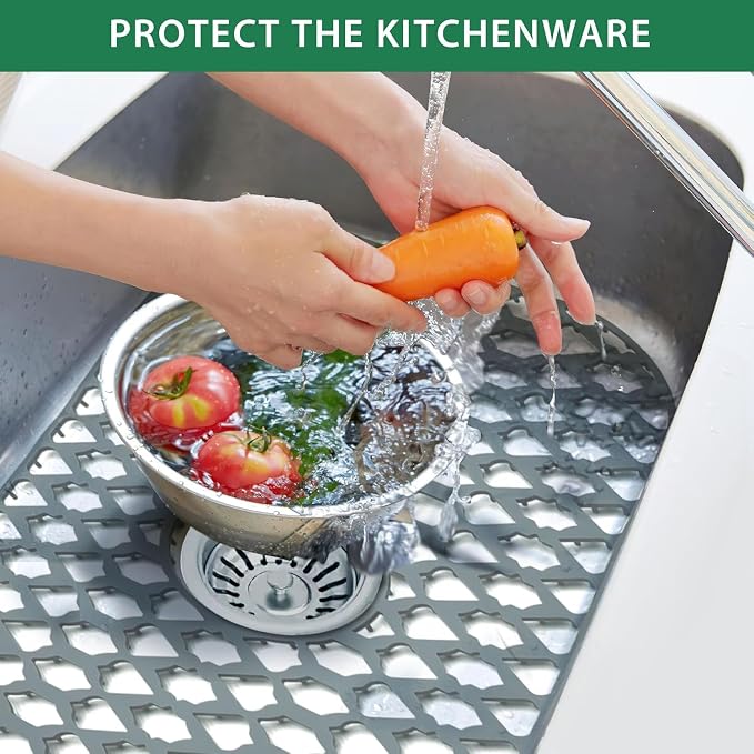 Silicone Sink Protector for Multi-Size Kitchen Sink（28" x 14.4",Rear Drain） | Flexible and durable, heat-resistant, machine washable, non-slip, gray grid.