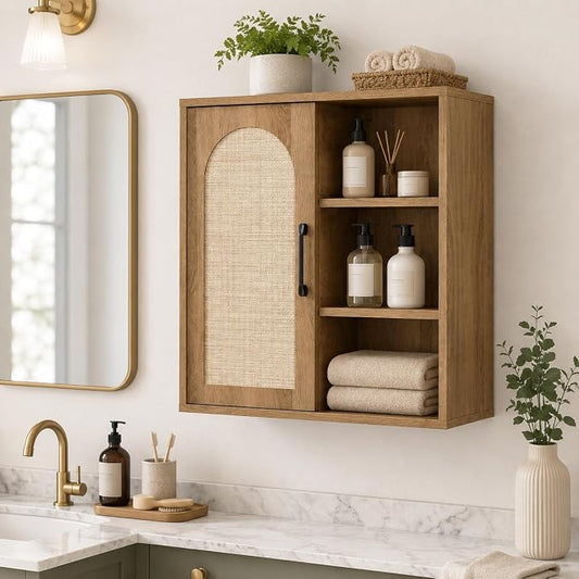 RUSTOWN Boho Rattan Bathroom Wall Cabinet with Sliding Door, Rustic Oak | Farmhouse Bathroom Cabinet, Adjustable Shelves, Over The Toilet Storage Cabinet, 3-Tier Wall Mounted Cabinets