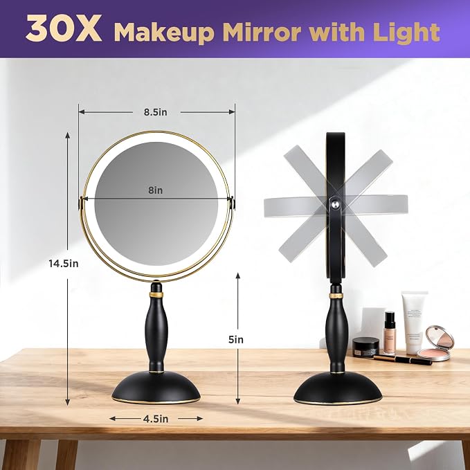 30x Magnifying Mirror with Light, Matte Black with Gold Trim | Makeup Mirror with 3 Color Light & Brightness Adjustable, 5000mAh Rechargeable Vanity Mirror, Modern Style Side Touch+Charge
