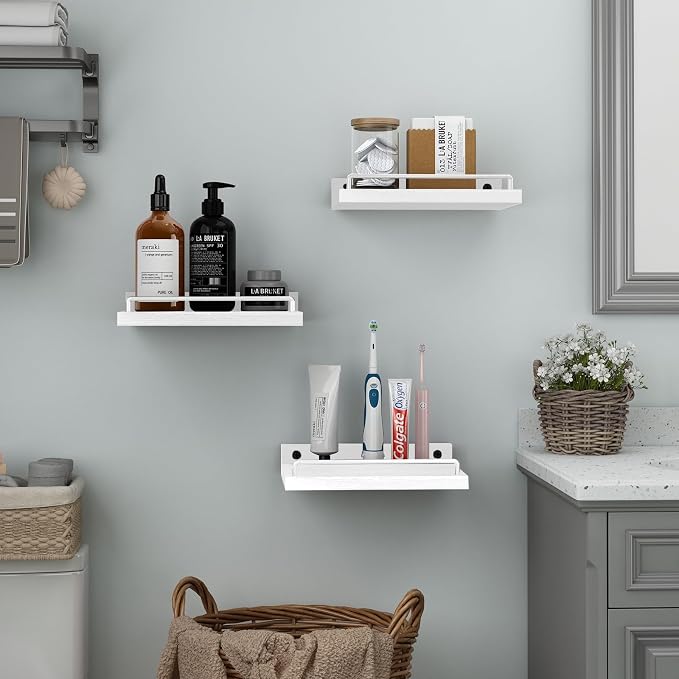 RYOFOBETTO Small Floating Shelf, 6 X 9 Inches Farmhouse Wall Shelves for Living Room, Bedroom, Picture Frames, Plants, Kitchen, Set of 3 (White)