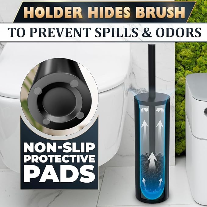 Toilet Brush and Holder Set, Stainless Steel Material (Black) | Matte Black Toilet Brush with Holder Set, Splash Protection & Dense Bristles for Bathroom Cleaning, Protection from Splashes