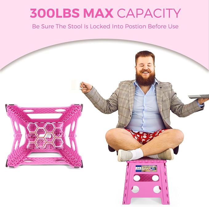 ACKO Folding Step Stool - 13 inch Height Premium Heavy Duty Foldable Stool for Kids and Adults, Kitchen Garden Bathroom Stepping Stool (Pink) | Heavy Duty Collapsible Foot Stepping Stool, Holds 300 lbs Non-Slip for Kids Kitchen Bathroom Outdoor, with B...