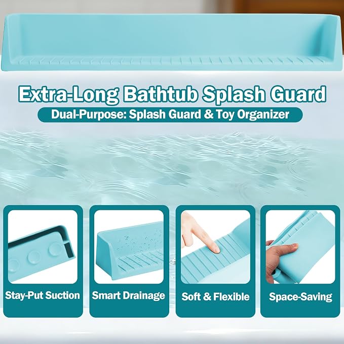 Bathtub Splash Guard for Tub Kids- Silicone Bath Play Shelf | 31" Extra Long Toy Tray & Caddy Holder, Prevent Water Spills & Messy Floors, Tub Edge Guard for Bathroom- Blue