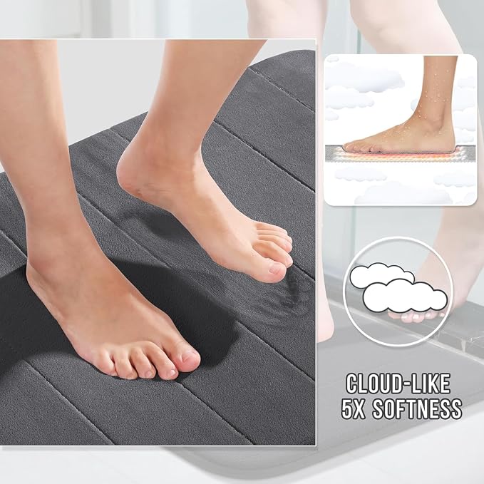 Yimobra Memory Foam Bath Mat Set 3 Pieces- Super Soft Absorbent Quick Dry Bathroom Rug Sets, Machine Washable Non Slip Floor Carpet for Tub Shower, Vanity & Toilet Base, Dark Gray