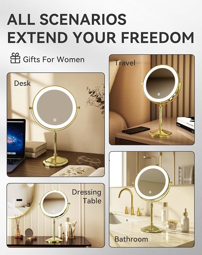 DOWRY 4000 mAh Rechargeable Lighted Makeup Mirror 10x Magnification Vanity Mirror Tabletop Two-Sided Swivel Gifts for Women Wife Mom Teengirls Mothers Day Gold Finish