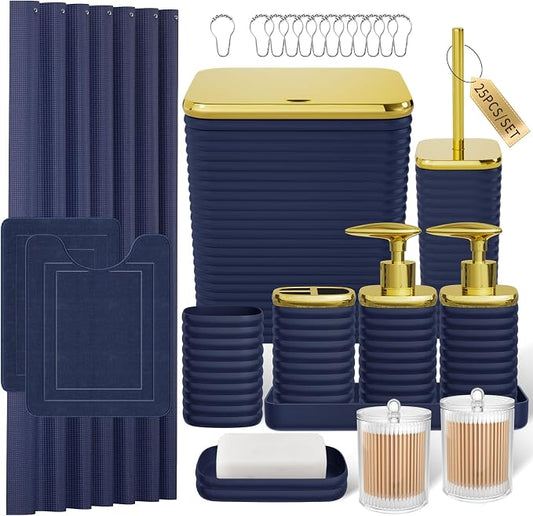 Bathroom Set - 25PC Bathroom Sets with Shower Curtain and Rugs, Blue Bathroom Set, Bathroom Accessory Set, Luxury Bathroom Accessories Set, Trash Can, Toilet Brush, Soap Dish & Soap Dispenser