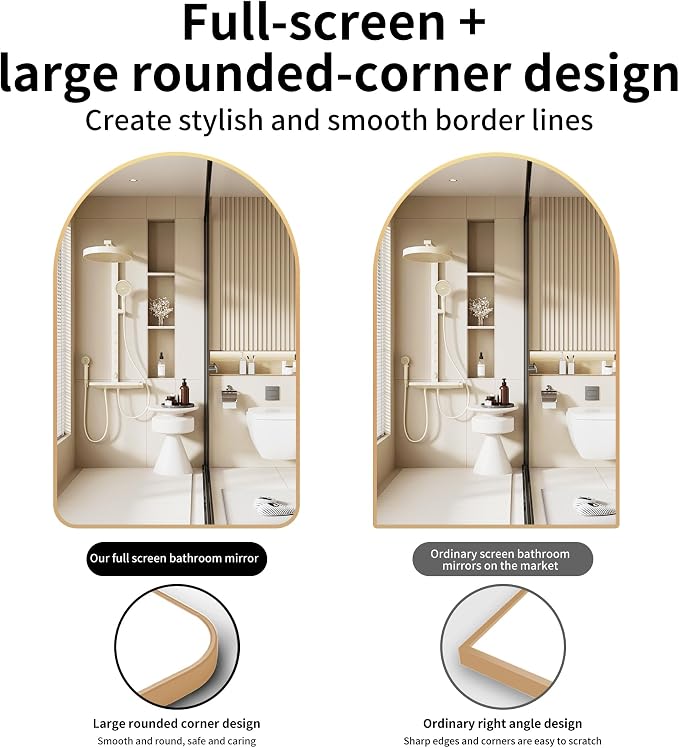 Arched Bathroom Mirror 20"x28", Gold, Tempered Glass | arch bathroom mirror gold wall mounted vanity tempered glass metal frame bedroom entryway living room
