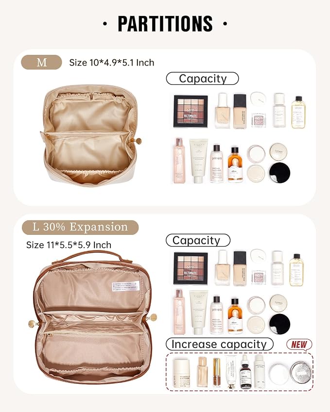 EACHY Travel Makeup Bag for Women, PU Leather Cosmetic Bag, Brown, Large | Water-resistant PU leather exterior with flat-open access, clear TPU brush compartment and organized storage for cosmetics