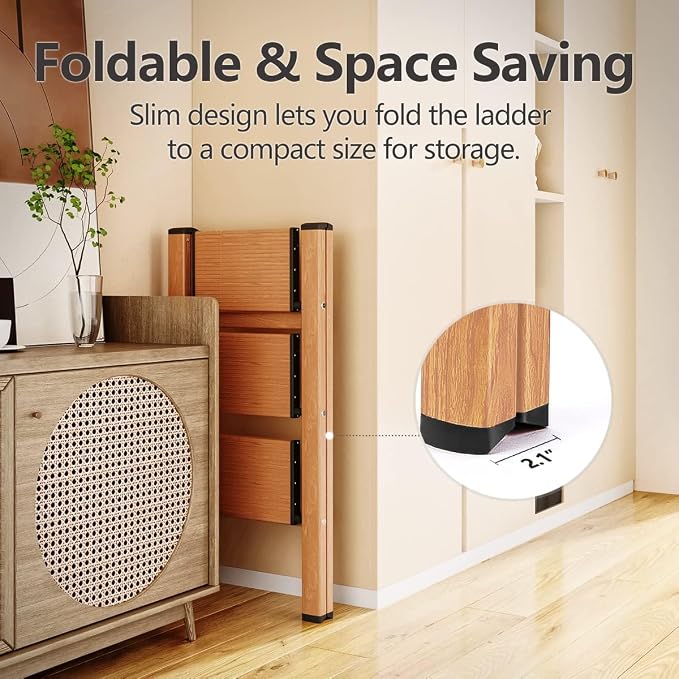 3 Step Ladder, Lightweight Folding Step Stool, Woodgrain | Anti-Slip 7.9'' Wide Pedal;Space-Saving;For Kitchen, Home, Library, Office Use;300lbs Capacity
