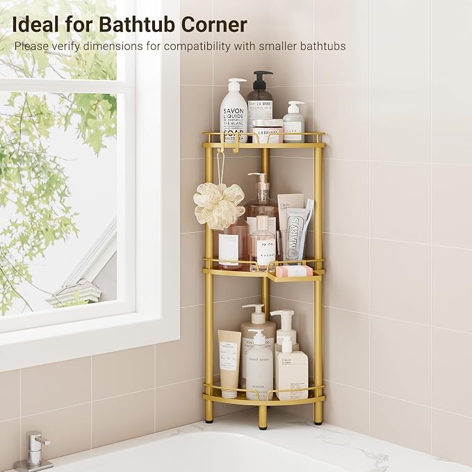 ELYKEN Corner Shower Caddy Standing, 3 Tier Metal Shower Organizer, Gold | Stainless Steel Shower Shelves with Soap Holder, Adjustable Feet & 2 Hooks for Storing Bath Essentials in Bathroom corner