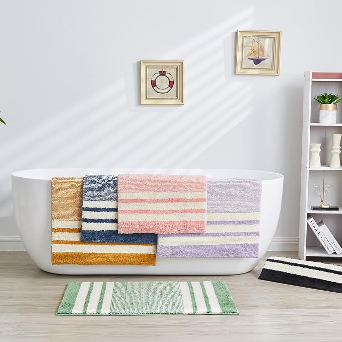 CozeCube Sage Green Striped 24"x16" Non Slip Washable Bath Mat | For Bathroom, Fluffy Absorbent Microfiber Bath Mats Machine Wash, Stylish Small Aesthetic Bathroom Rugs