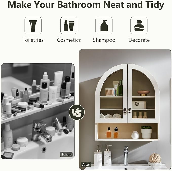 IFGET Bathroom Arched Wall Cabinet, 23.6'' Wide Medicine Cabinet with Adjustable Shelves & Glass Doors, Over The Toilet Storage Wall Mount Cabinet for Laundry Room,Kitchen & Living Room, Antique White