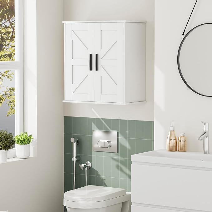 Homleke Bathroom Wall Cabinet, Medicine Cabinet with Adjustable Shelves | 3-Tier Wall Mounted Over Toilet Storage with Barn Doors, for Bathroom, Kitchen, Entryway, Laundry Room, White, (11.8" D)
