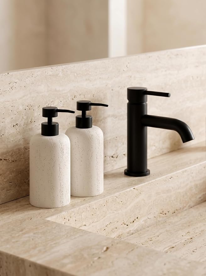 2 PCS Hand Soap Dispenser Set, 13.53 OZ, Cream, Faux Travertine | Luxurious,Dish Soap,Lotion,Shampoo and Conditioner Dispenser,Refillable,Rustproof Pump,For Bathroom Countertop Kitchen
