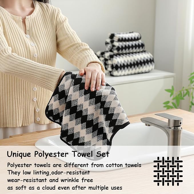 12 Pcs Black White Diamond Towel Set-4 Bath Towels,4 Hand Towels,4 Washcloths Soft Polyester Towels with Loop Absorbent Shower Towel Quick Dry Beach Chair Towel Family Towels for Bathroom Spa Gym Pool