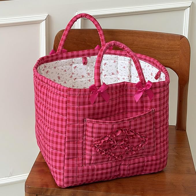 Storage Basket Boho Fabric Large Collapsible Floral Laundry Nursery Hamper Portable Folding Storage for Clothes Toys (Rose Red Plaid)
