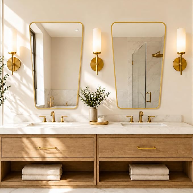 Brushed Gold Tapered Rounded Rectangle Bathroom Mirror, 24x36 Inch | Aluminum alloy frame, soft trapezoid shape, tempered glass, reversible vertical keyhole mount