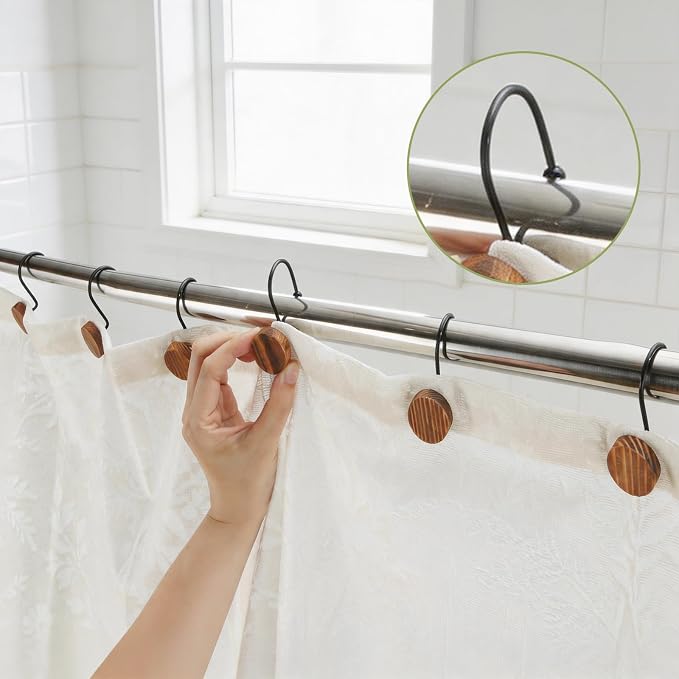 Wood Shower Curtain Hooks,Boho Shower Curtain Rings Decorative,Free Sliding Shower Hooks for Shower Curtain & Liners, Shower Curtain Hangers for Bathroom Shower Curtain Rods Curtains(Brown, 24)