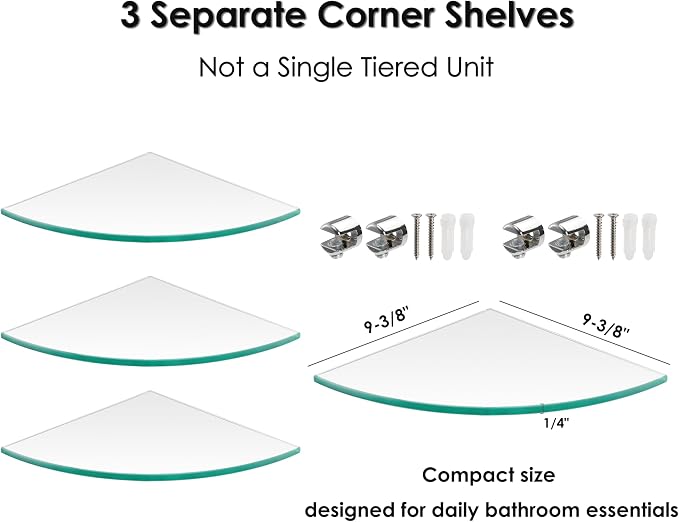 Kingrol 3 Pack Drill-Mounted Glass Corner Shower Shelves, 9-3/8 Inch | 3 Separate Shelves for True 90° Corners, 4 Brackets Per Shelf, Approx. 9.75-Inch Installed Corner Depth