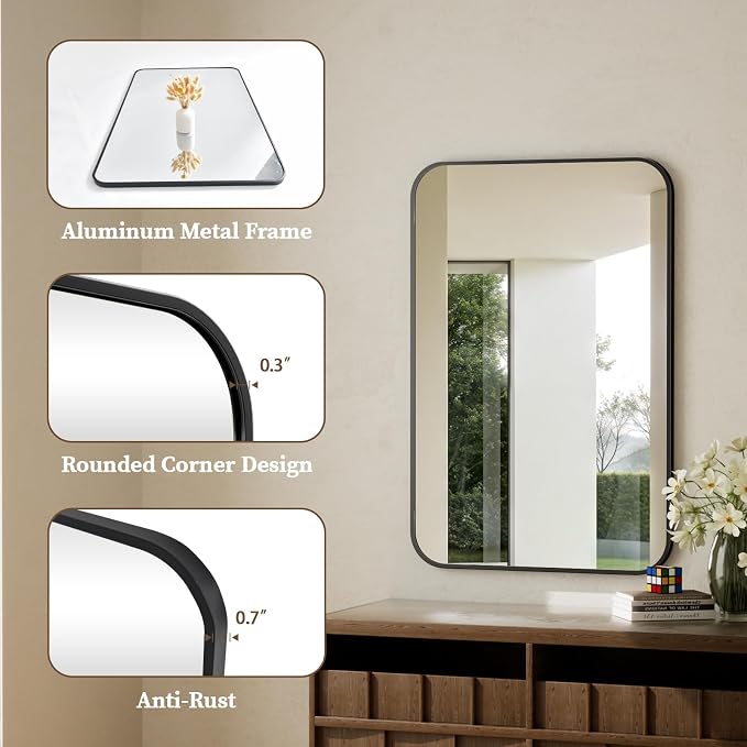 BEAUTYPEAK 39" x 39" Rectangular Wall Mounted Bathroom Mirror, Black | Aluminum Alloy Frame with Rounded Corners