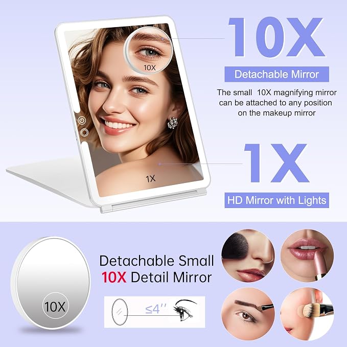 FUNTOUCH 2500mAh Rechargeable Large Travel Makeup Mirror with Lights | 10x7.5 Portable Lighted Makeup Mirror with 3 Color Lights, Dimming Folding Light Up Travel Mirrors with 10X Magnifying Mirror